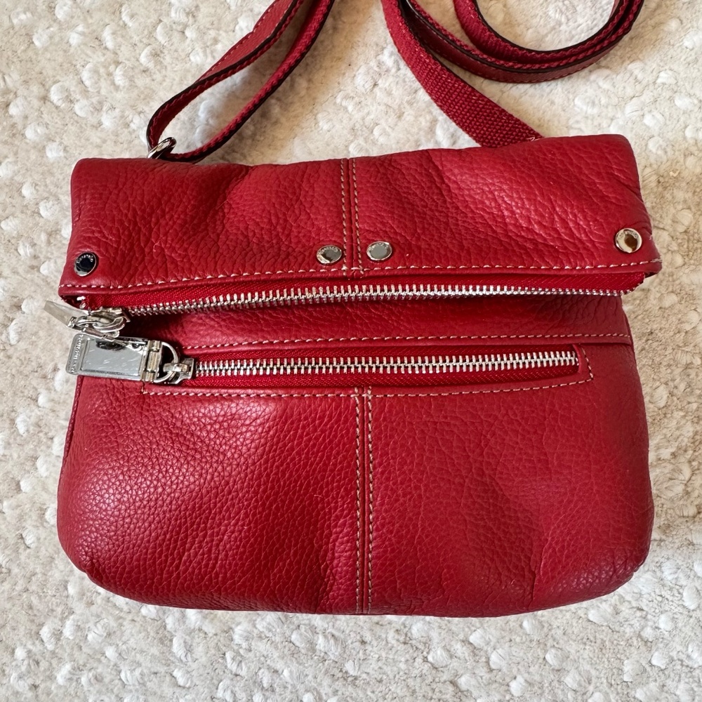 Tignanello Red Pebbled Leather Double Zip Flap Organizer Crossbody Bag NWOT